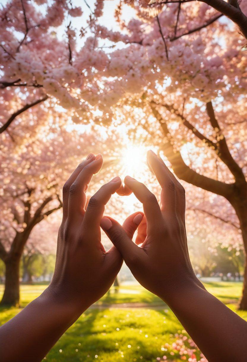 A serene scene of two diverse couples sharing intimate moments in a picturesque park, surrounded by blooming cherry blossom trees. Soft sunlight filters through the leaves, casting a warm glow, symbolizing love and connection. In the foreground, a heart made of entwined hands represents unity, while subtle elements like shared laughter and meaningful glances emphasize emotional bonds. vibrant colors. super-realistic. dreamy atmosphere.