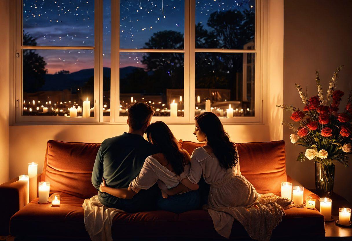 A warm and inviting scene of a couple sitting closely together in a cozy environment, surrounded by soft candles and blooming flowers, exchanging heartfelt conversations. The background should feature a twinkling night sky visible through a window, symbolizing dreams and future together. Include a subtle interplay of light and shadow to create a sense of intimacy. romantic, warm colors. super-realistic. vibrant atmosphere.