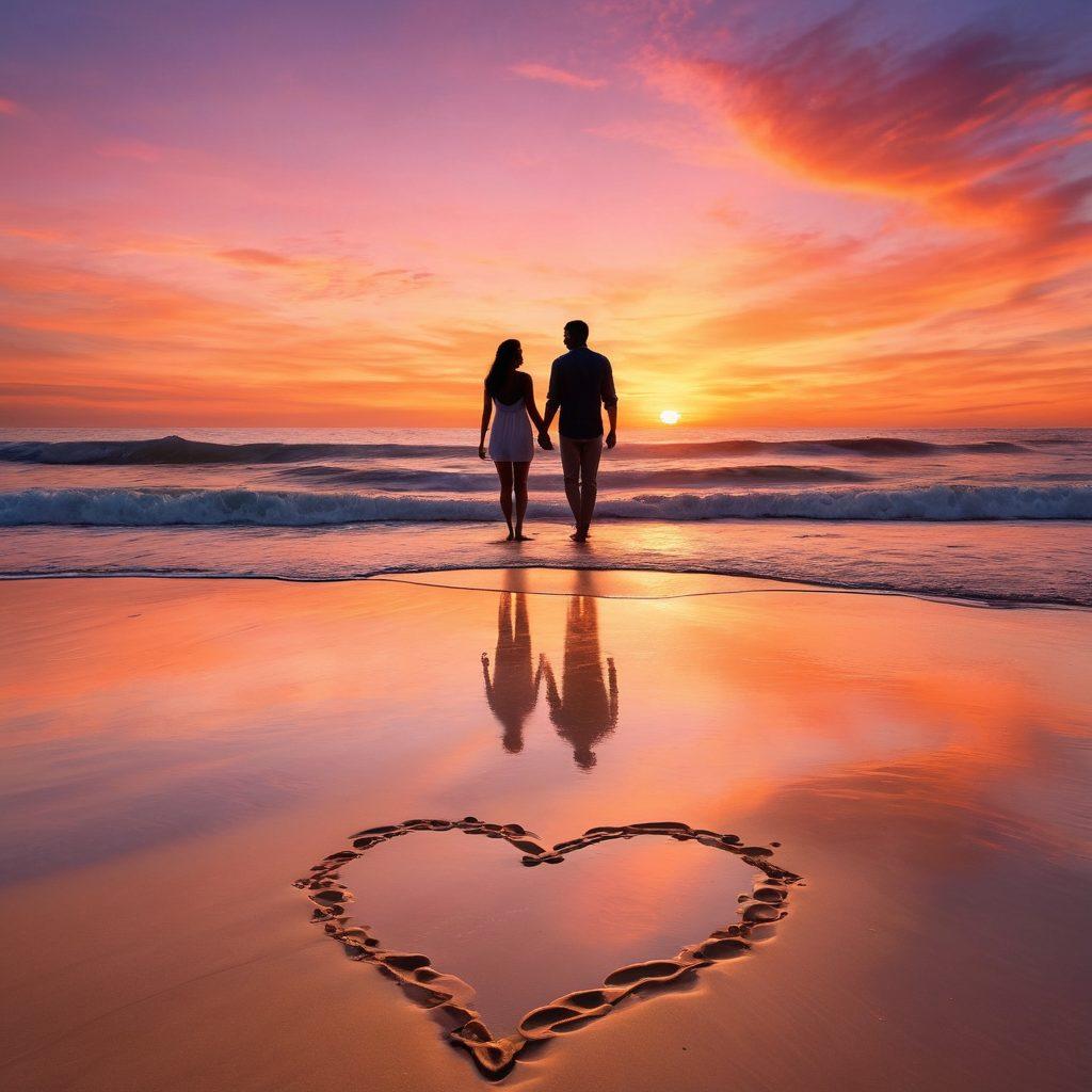 A couple walking hand-in-hand along a serene beach at sunset, with their silhouettes highlighted against the vibrant orange and pink sky. They are surrounded by gentle waves and soft sand, symbolizing their journey together. Include elements that represent connection, like heart-shaped footprints in the sand. super-realistic. vibrant colors. peaceful atmosphere.